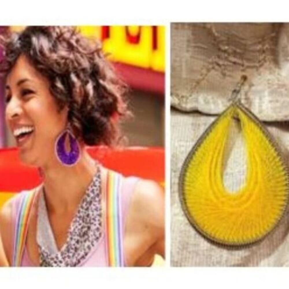 Y2K Large String Art Weaved Earrings Yellow Retro Tear Drop Copper Wired Summer - Picture 2 of 9